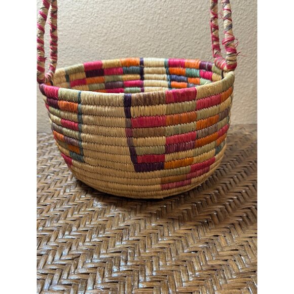 Handwoven Multicolored Straw Basket With Handle - Vibrant Patterned Design - Picture 2 of 9